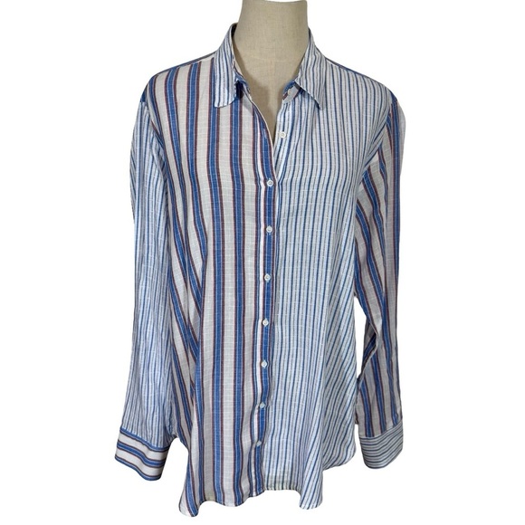 Xirena Beau Boyfriend Button Down Shirt in Tide Blue Stripes Pattern Mixing - Picture 6 of 13